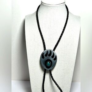 Southwestern Design Faux Turquoise Bear Claw Bolo Tie Silver Tone Black Enamel